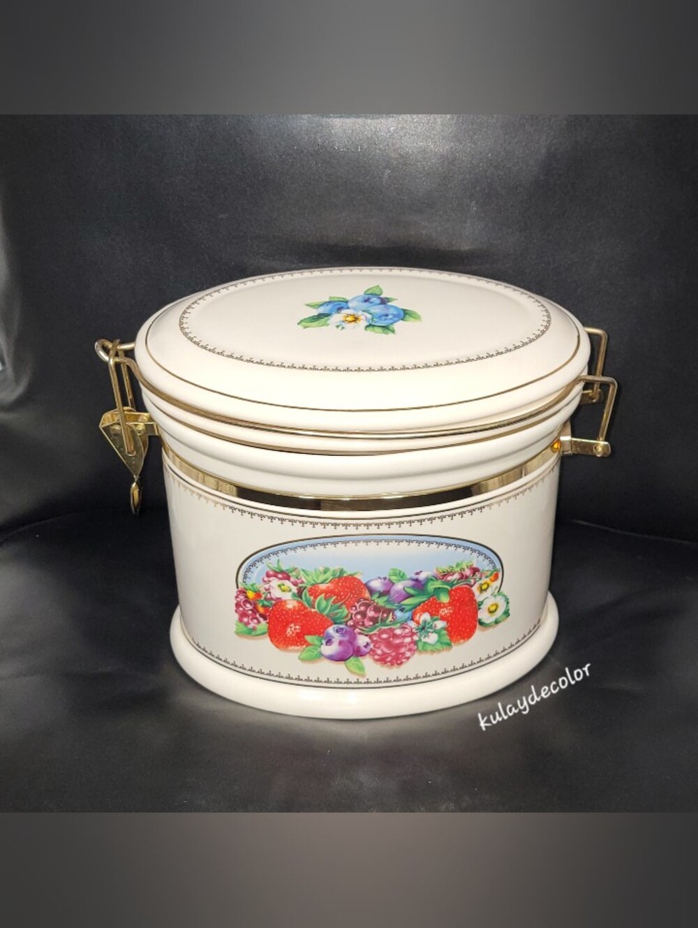 Vintage Knott's Berry Farm Ceramic Canister Jar Fruit Design Gold Latch Kitchen